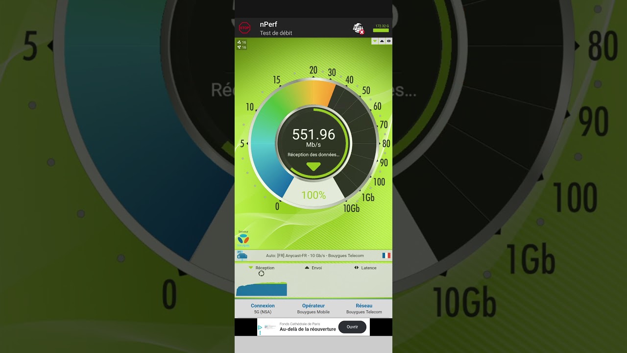 Speedtest 5G Bouygues Telecom en intérieur a 700m du pylône